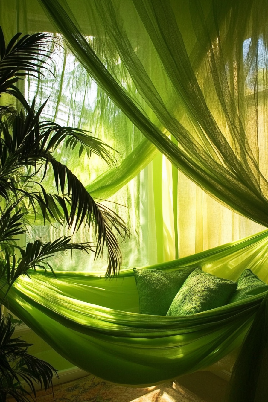 Sleeping nook. Mosquito net drapes over a lime green hammock with palm trees.