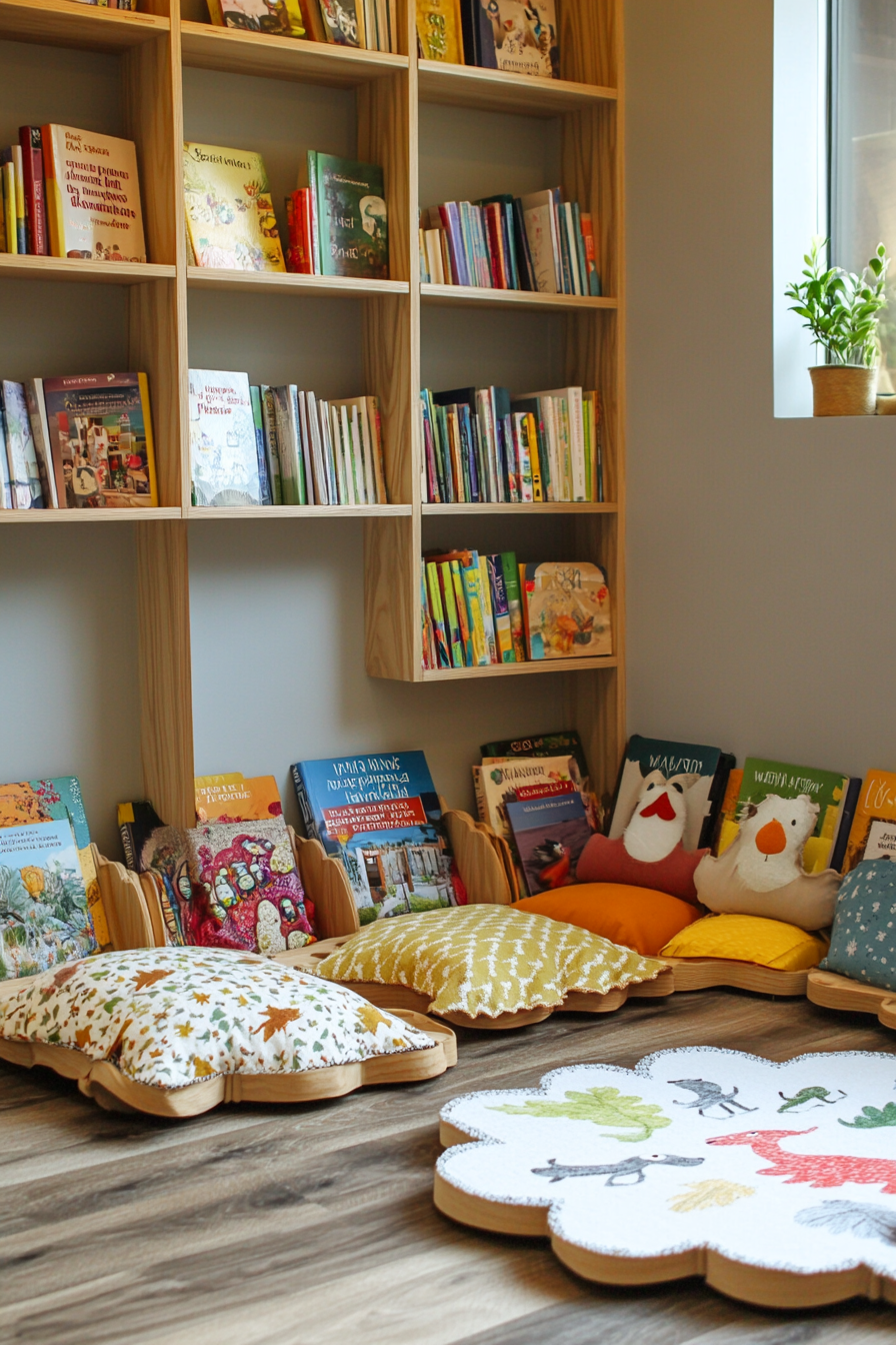 Child-Sized Library Concept. Bohemian floor cushions around scalloped-edge wooden book display.