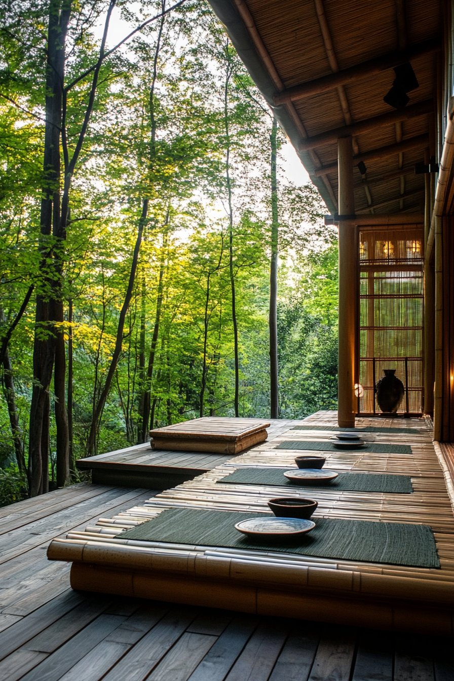 Elevated platform Zen camp. Bamboo Shoji screens set against lush maple trees.