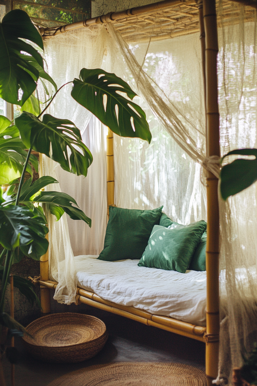 Sleeping nook. Mosquito net drapes over bamboo frame, Monstera plants nearby.