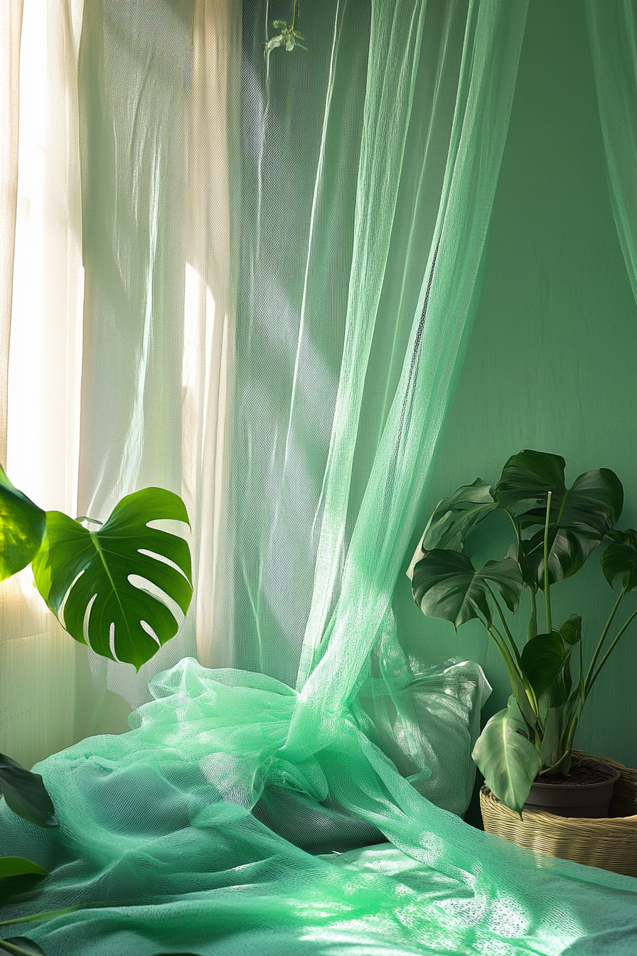 Sleeping nook. Mint green mosquito net drapes and large veined monstera plant.