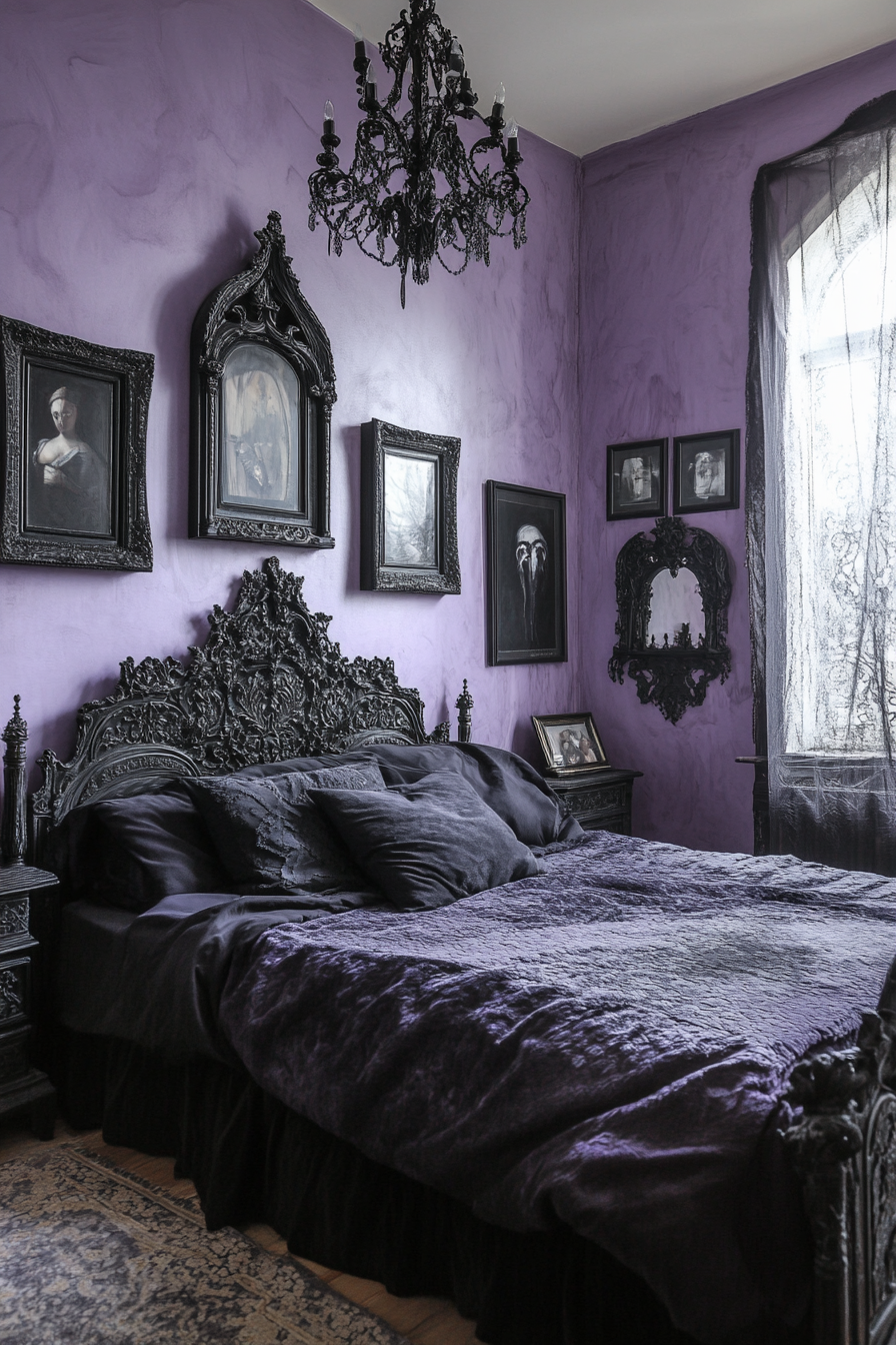 Gothic-Pastel bedroom. Lavender walls adorned with black ornate frames.