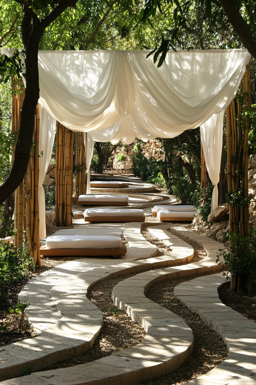 Outdoor Massage Table. Bamboo-made table under white canopy. Meditation Labyrinth. Rectangular paved stone pathways.