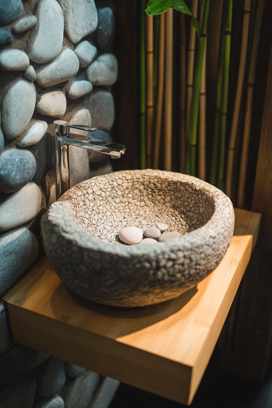 Tiny eco-bathroom concept. Bamboo vanity with river rock sink.