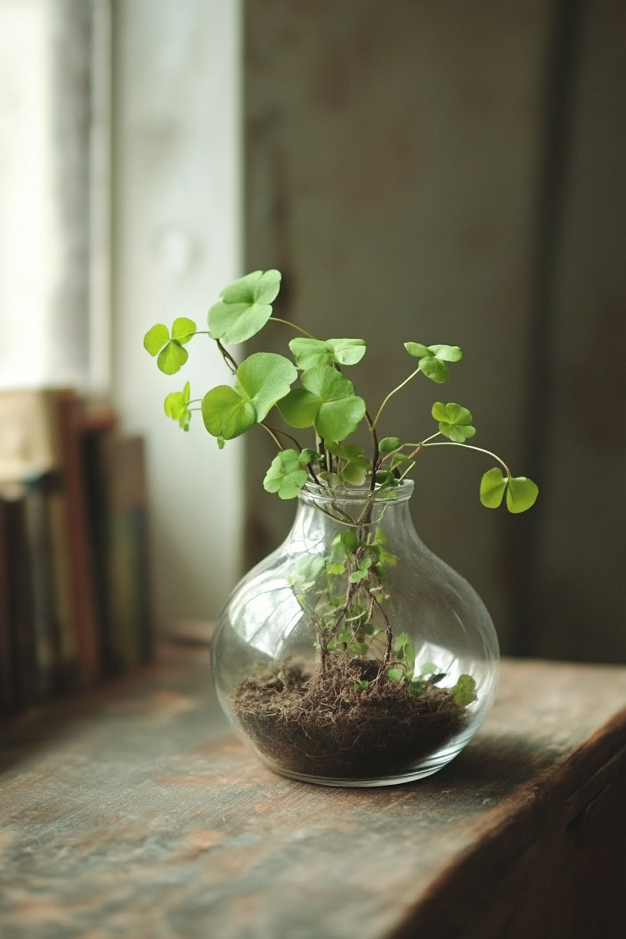 Montessori room. Miniature rooted plant in a tiny glass terrarium.