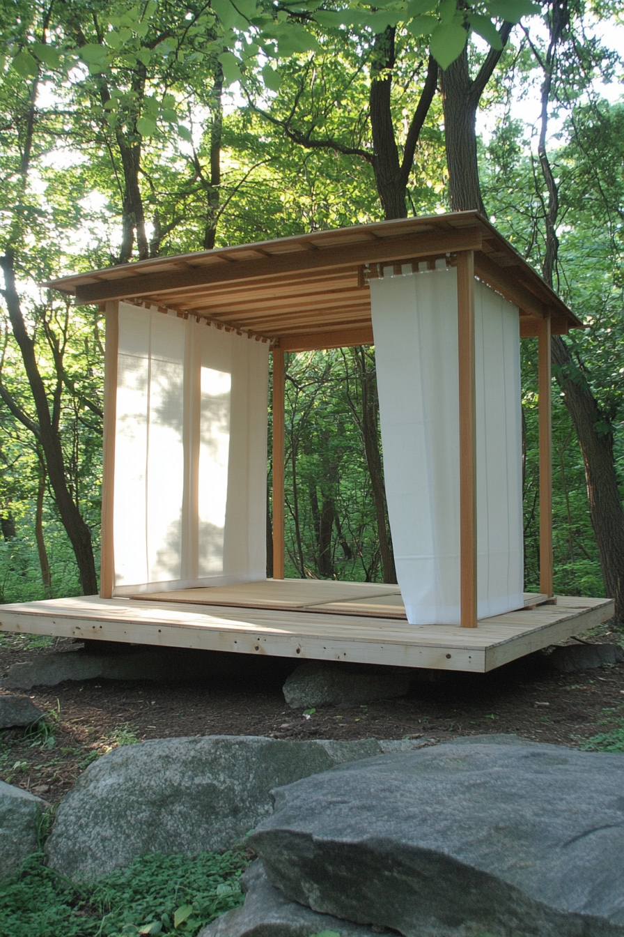 Elevated platform Zen camp. White cedar sliding shoji screen on nature-toned canvas platform.