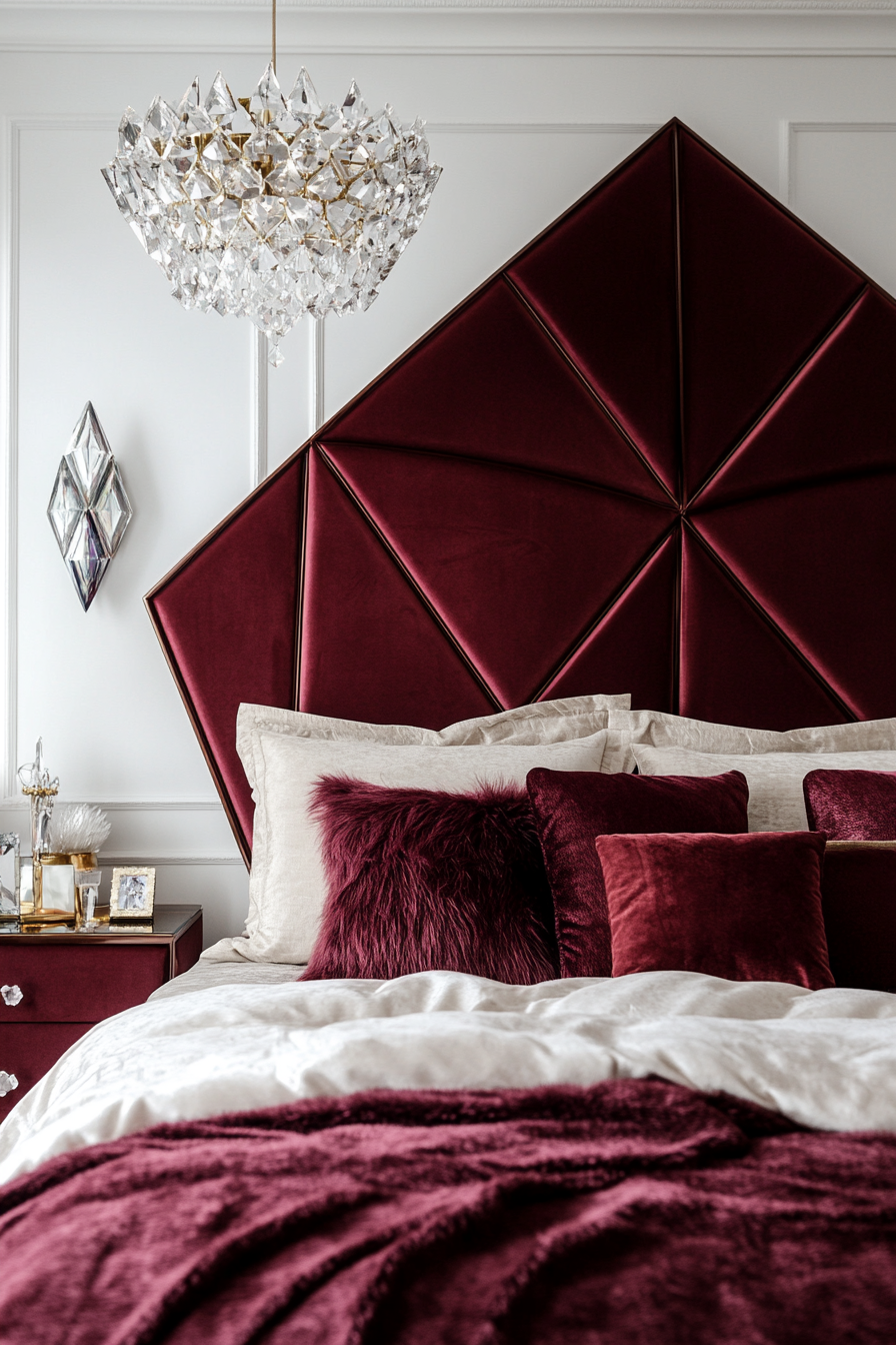 Luxury sleeping space. Velvet bugundy geometric headboard with two-tier mirrored nightstands and sapphire crystal sconces.