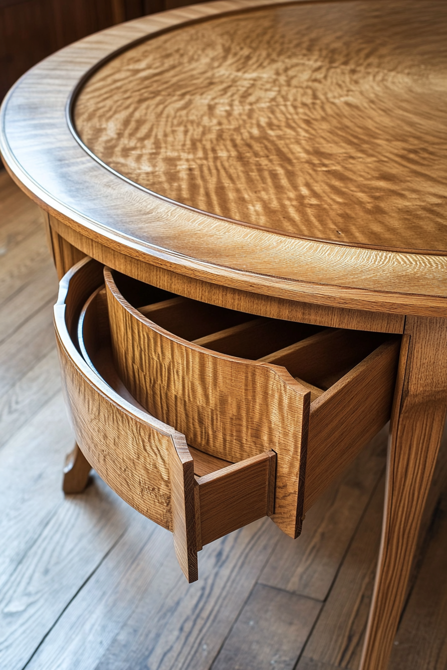 Hidden compartment dining table. Round oak table with a secret drawer.