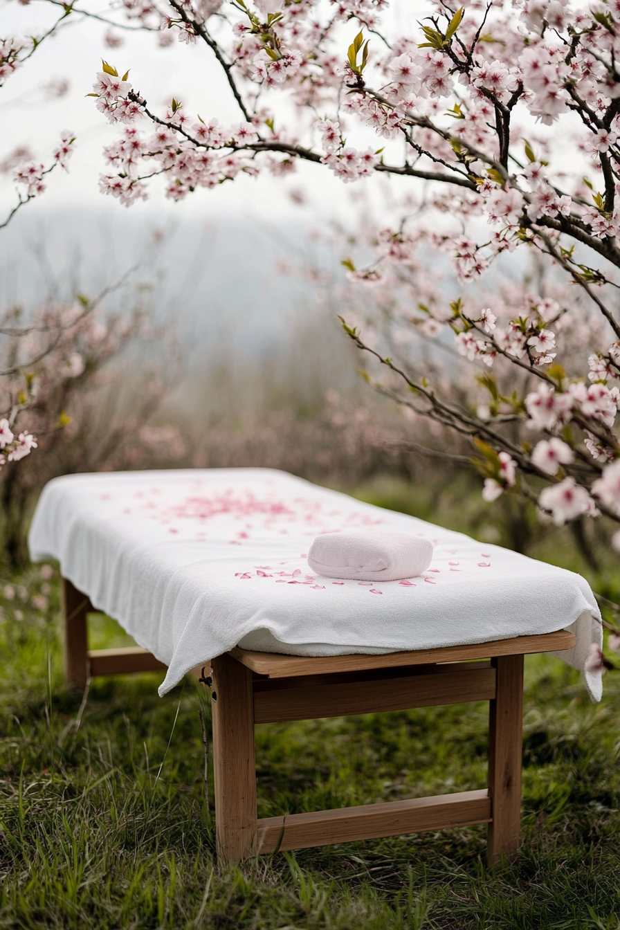 Massage table setting. Amidst cherry blossoms under overcast sky.