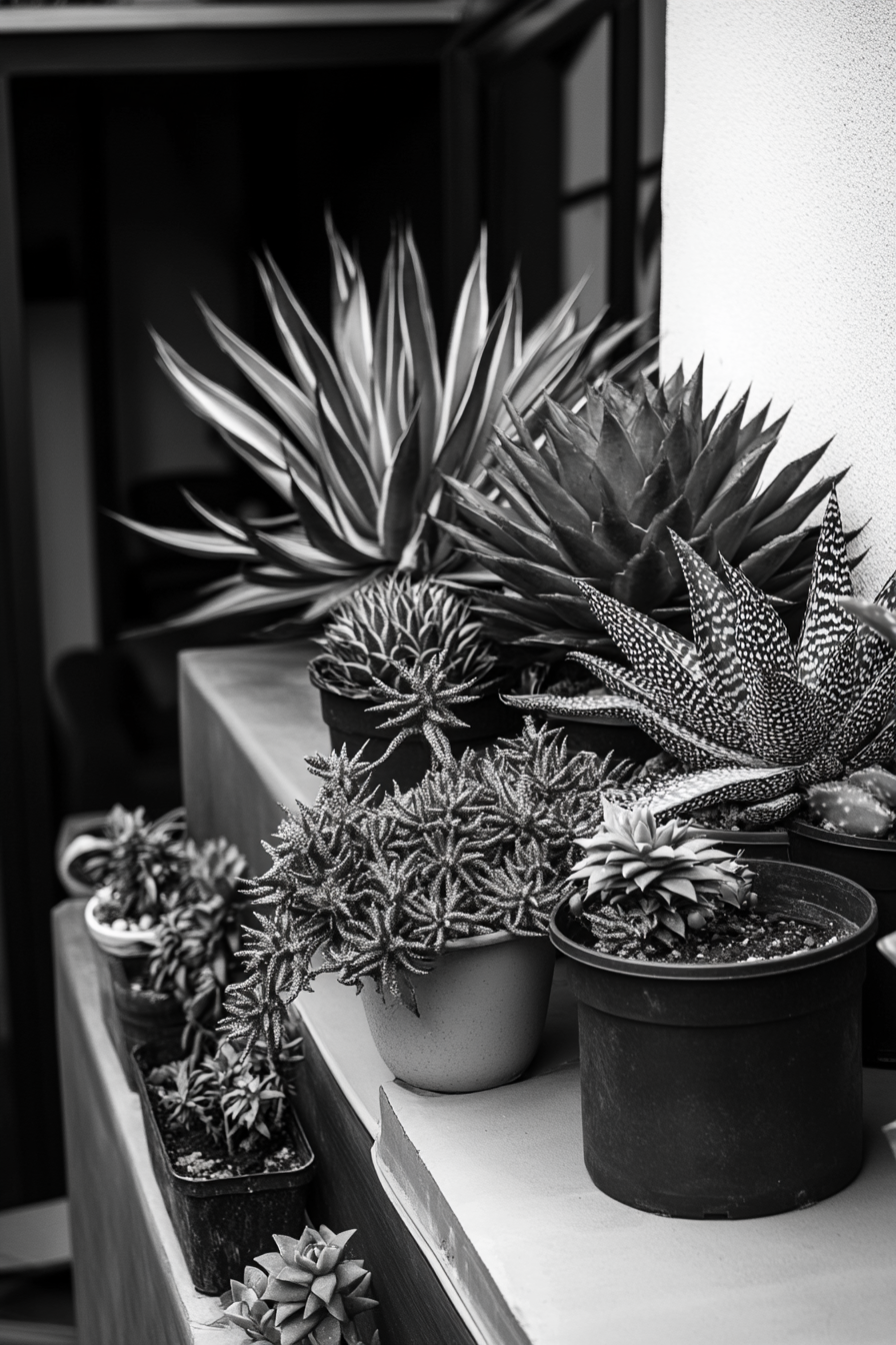 Tiny house roof terrace layout. Monochrome zebra haworthia arrangement.