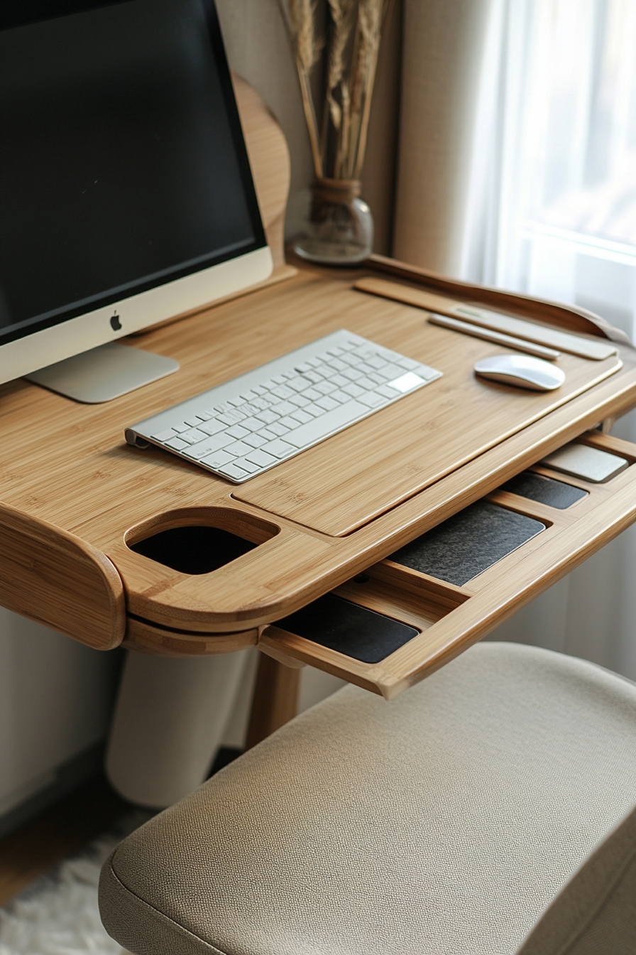 Mobile workspace design. Bamboo desk with beige ergonomic chair.