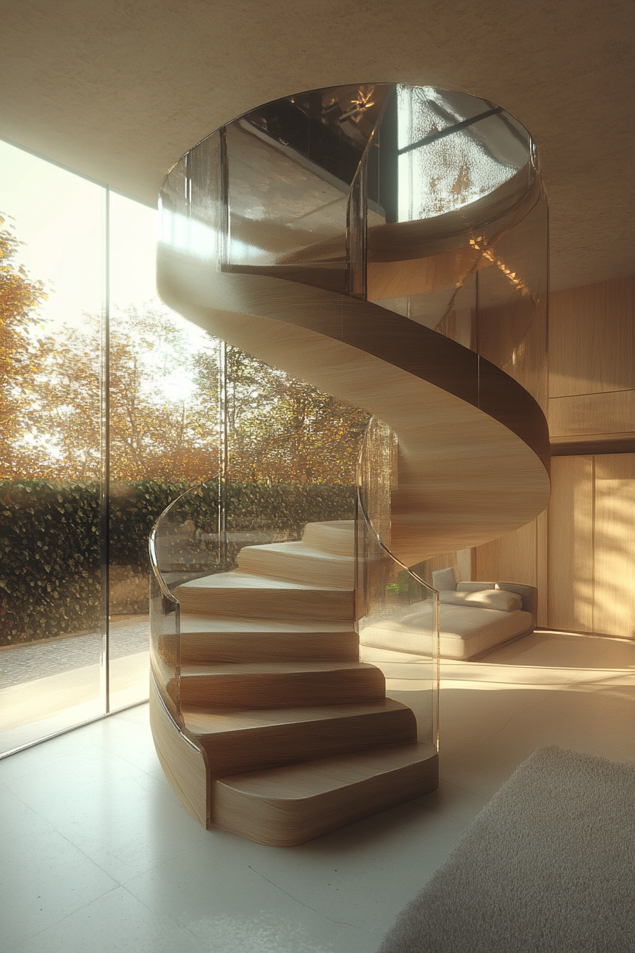 Micro living concept. Spiral staircase with panoramic glass-covered top floor.