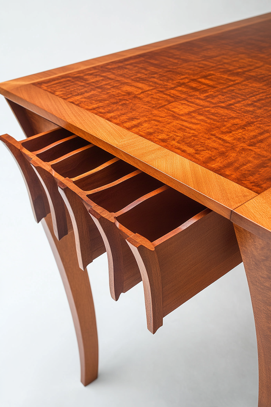 Hidden compartment dining table. Mahogany table with lower storage cubbies.