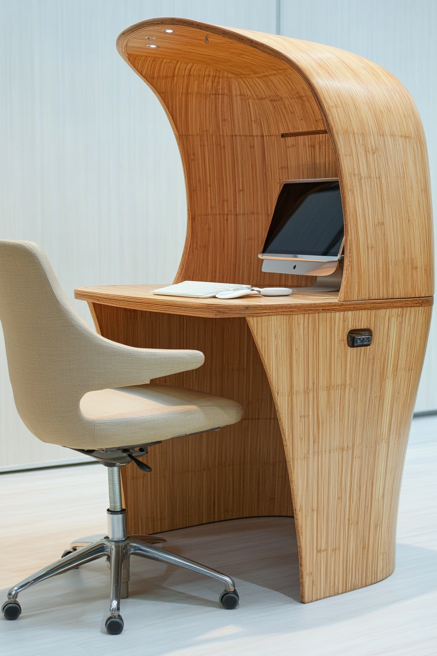 Mobile workspace design. Bamboo desk with beige ergonomic chair.