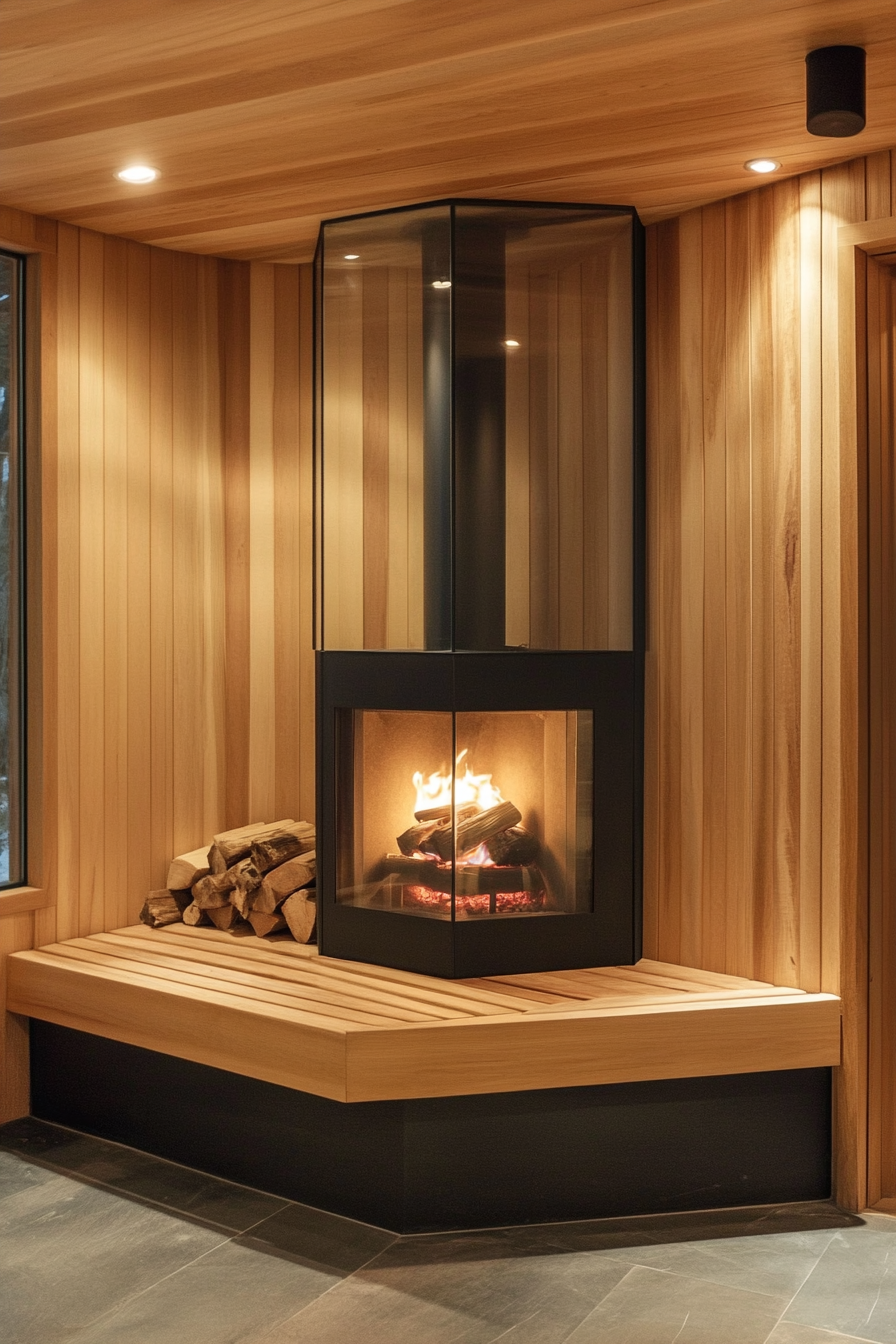 Sauna room design. Corner wood-burning stove with glass doors and three-tiered cedar bench.