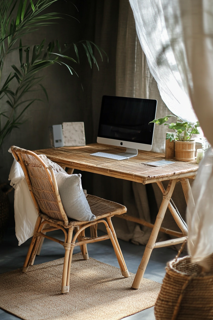 Mobile workspace design. Bamboo desk paired with rattan grey chair.