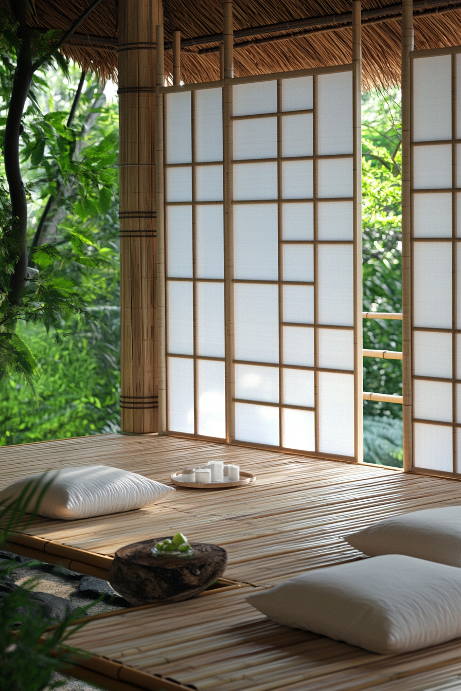 Elevated Platform Zen Camp Concept. Bamboo platform with white sliding Shoji Screens.