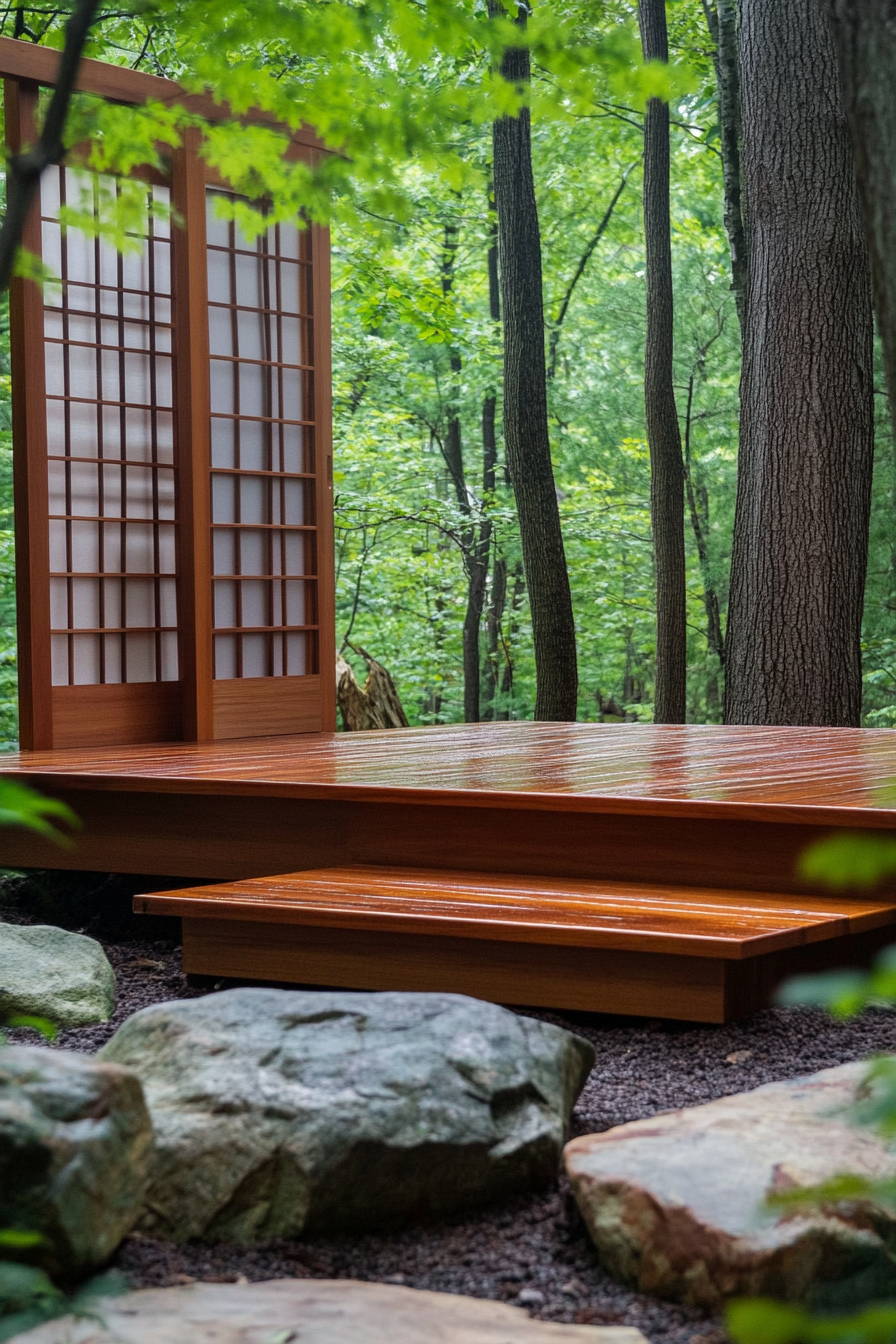 Elevated platform Zen camp concept. Cherry wood platform with sliding shoji screens.