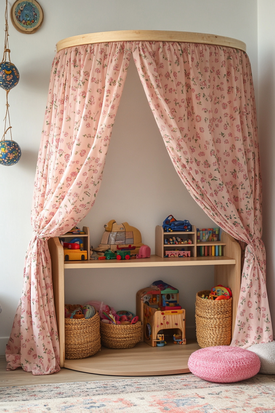 Dreamy play area. Silk canopy with pink floral pattern over natural wooden toy shelf.