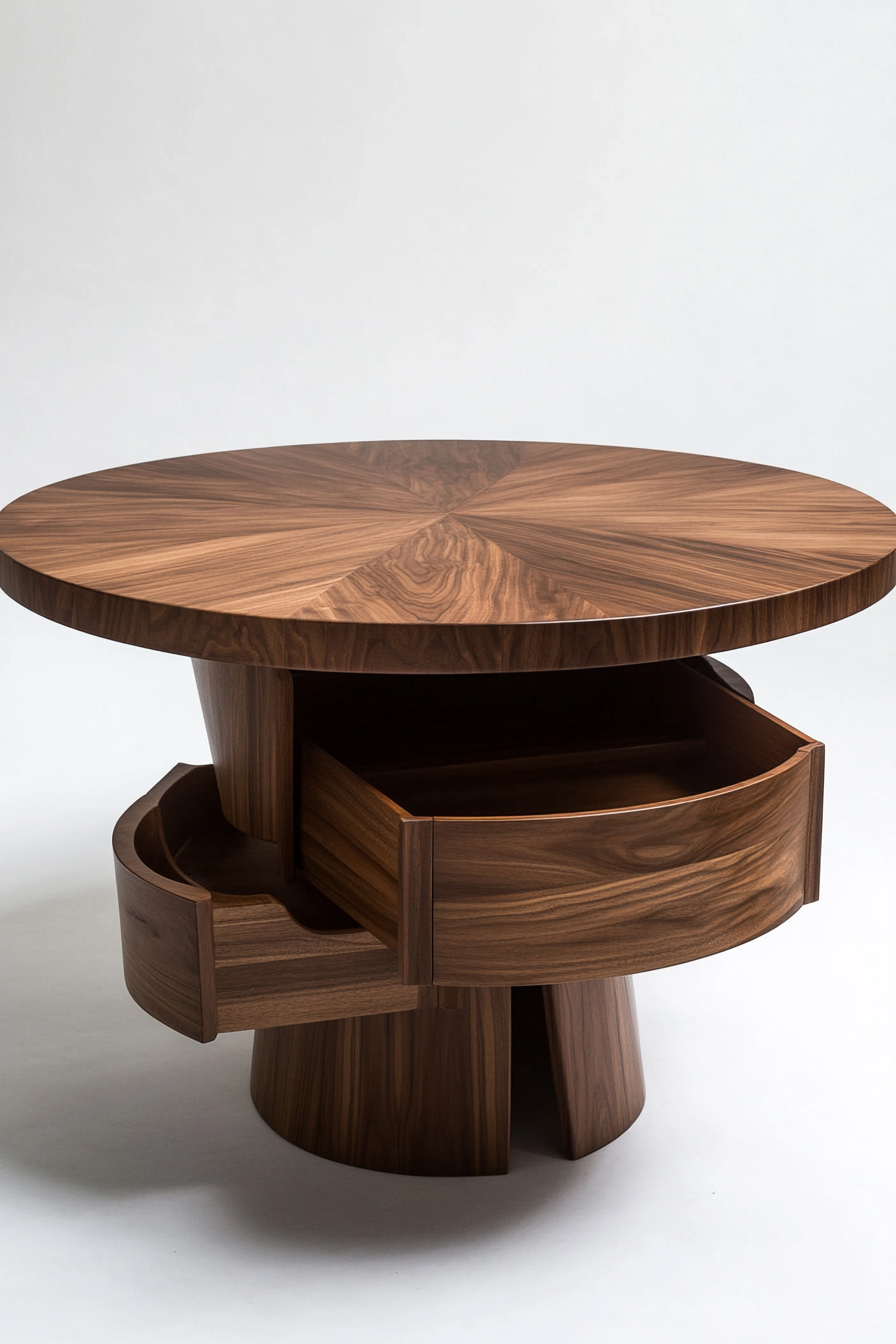 Dining table for small spaces. Compact round table with hidden drawer.