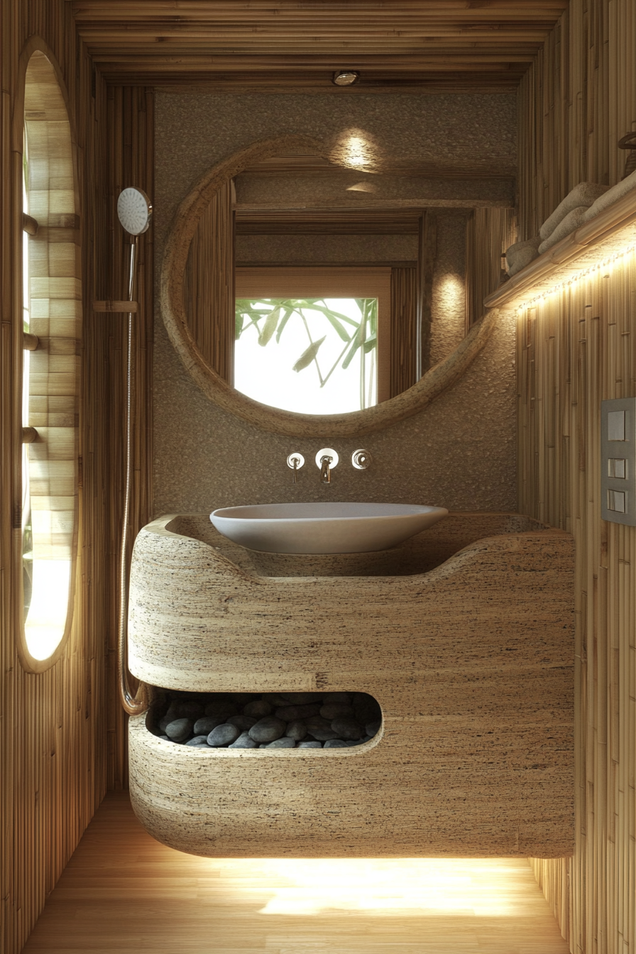 Tiny Eco-bathroom concept. Bamboo vanity with river rock basin.