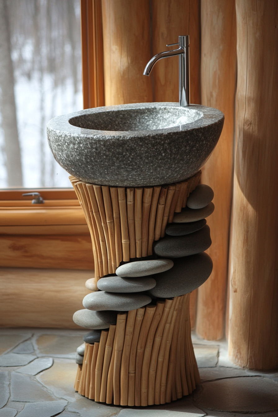 Eco-Bathroom concept. Bamboo vanity with river rock sink.