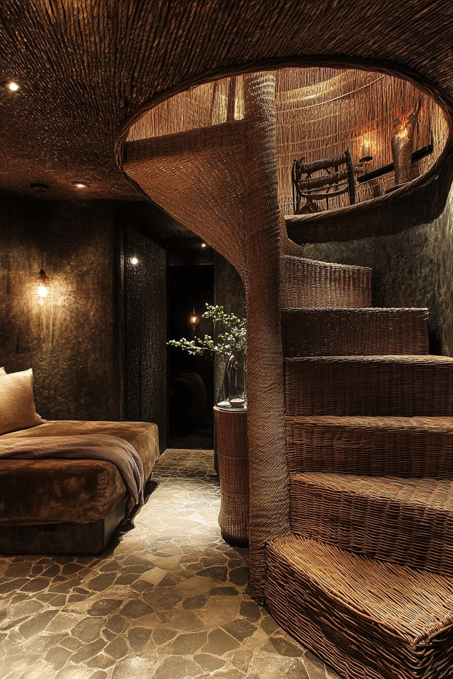 Upper level design. Spiral rattan staircase to velvet-draped loft bedroom.