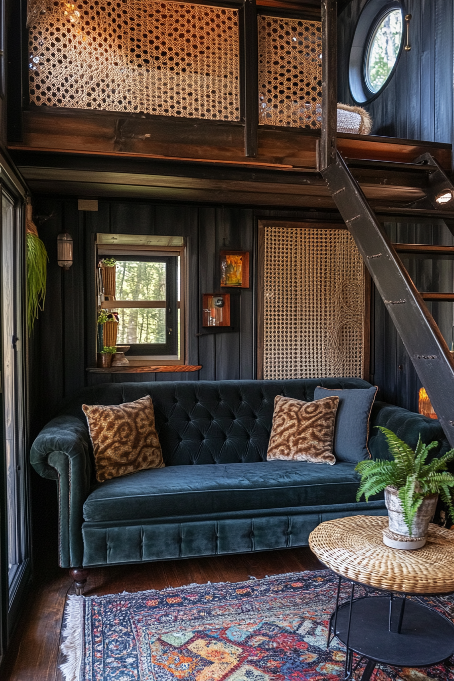 Tiny home upper level design. Velvet chesterfield sofa against a rattan partition.