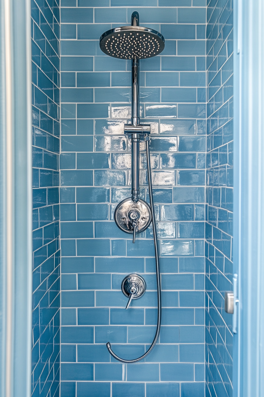 Tiny Beach House Shower. Nautical blue tile encased, free-standing drain, metal fixtures.