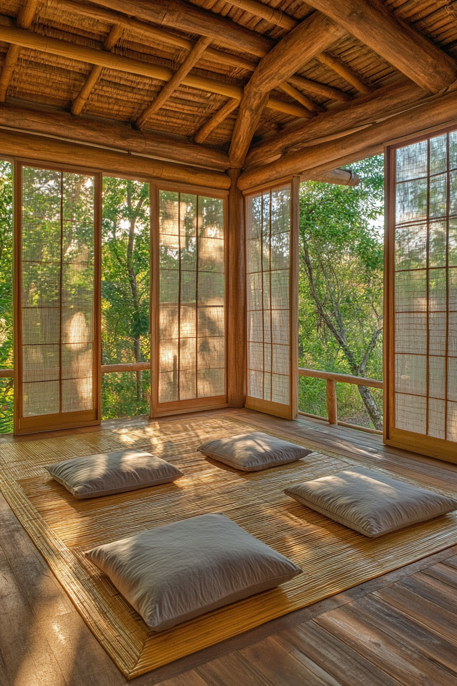 Elevated Platform Zen Camp Concept. Hemp Rug, Dominant Bamboo Structure, Grilled-pattern Shoji Screen.