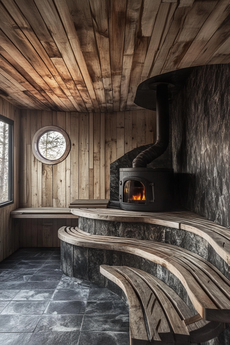 Sauna room design. Cast-iron wood-burning stove with red cedar tiered benches.