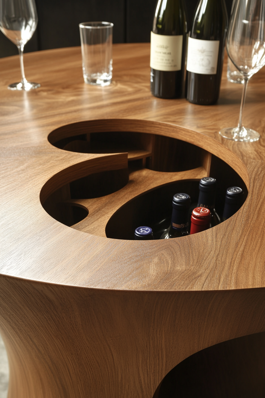 Hidden compartment dining table. Round design with built-in wine storage.