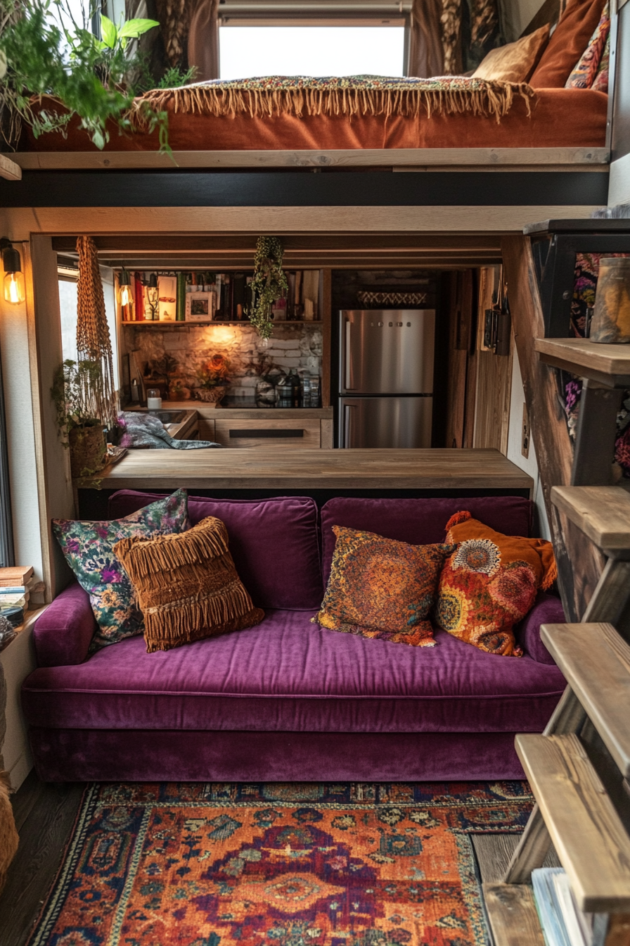 Tiny Home Upper Level Design. Velvet sofa, Bohemian tassled rug, Rattan shelf.