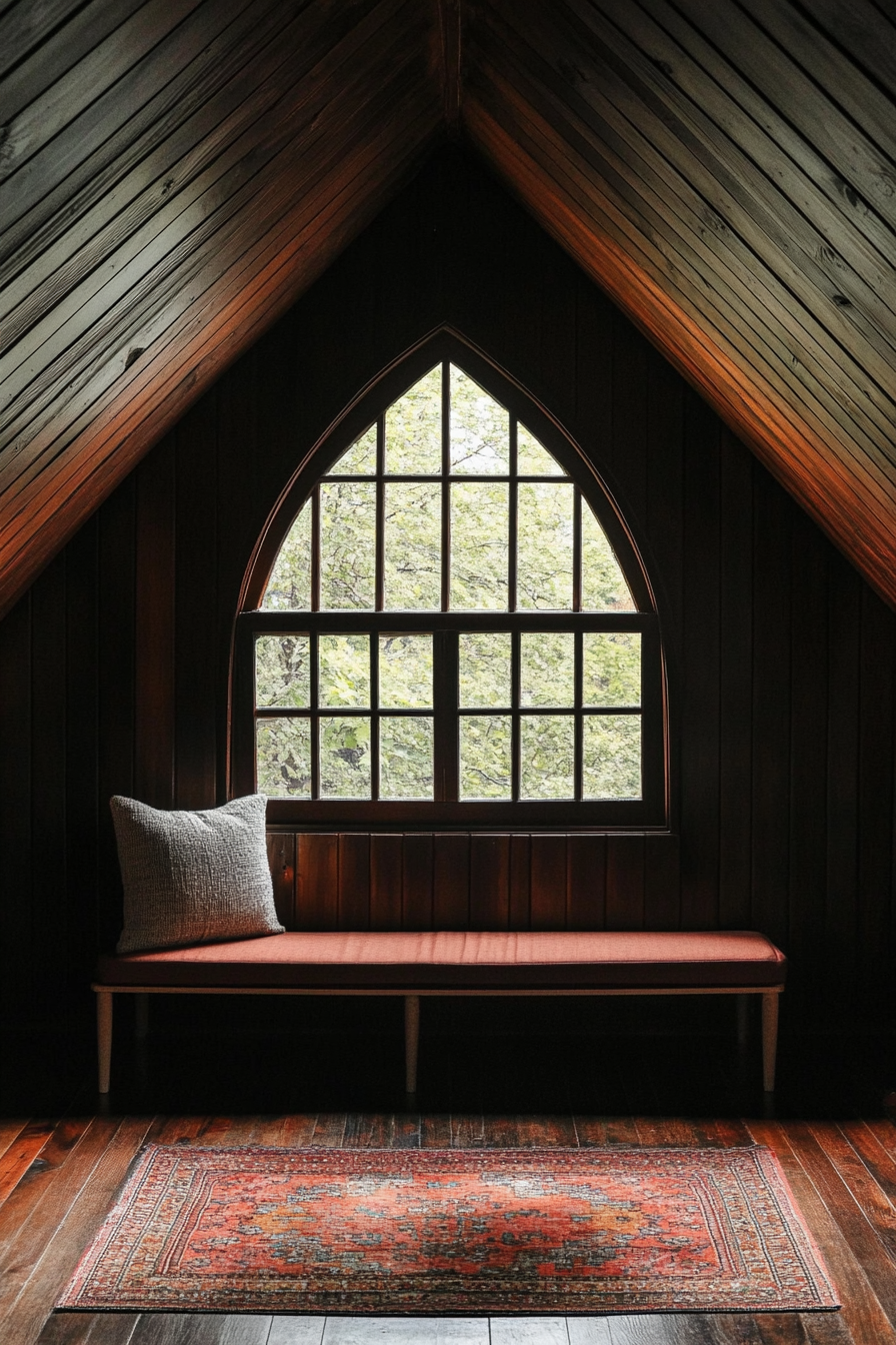 Micro living idea. Pointed arch window with dark wood paneling in a studio loft.