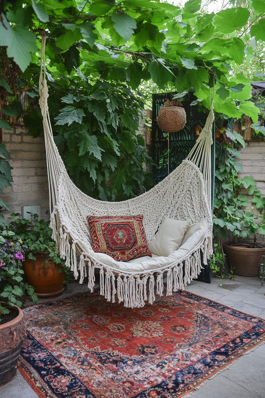 Bohemian Patio. White macramé chair, green leaf canopy, layered red and orange kilim rugs.