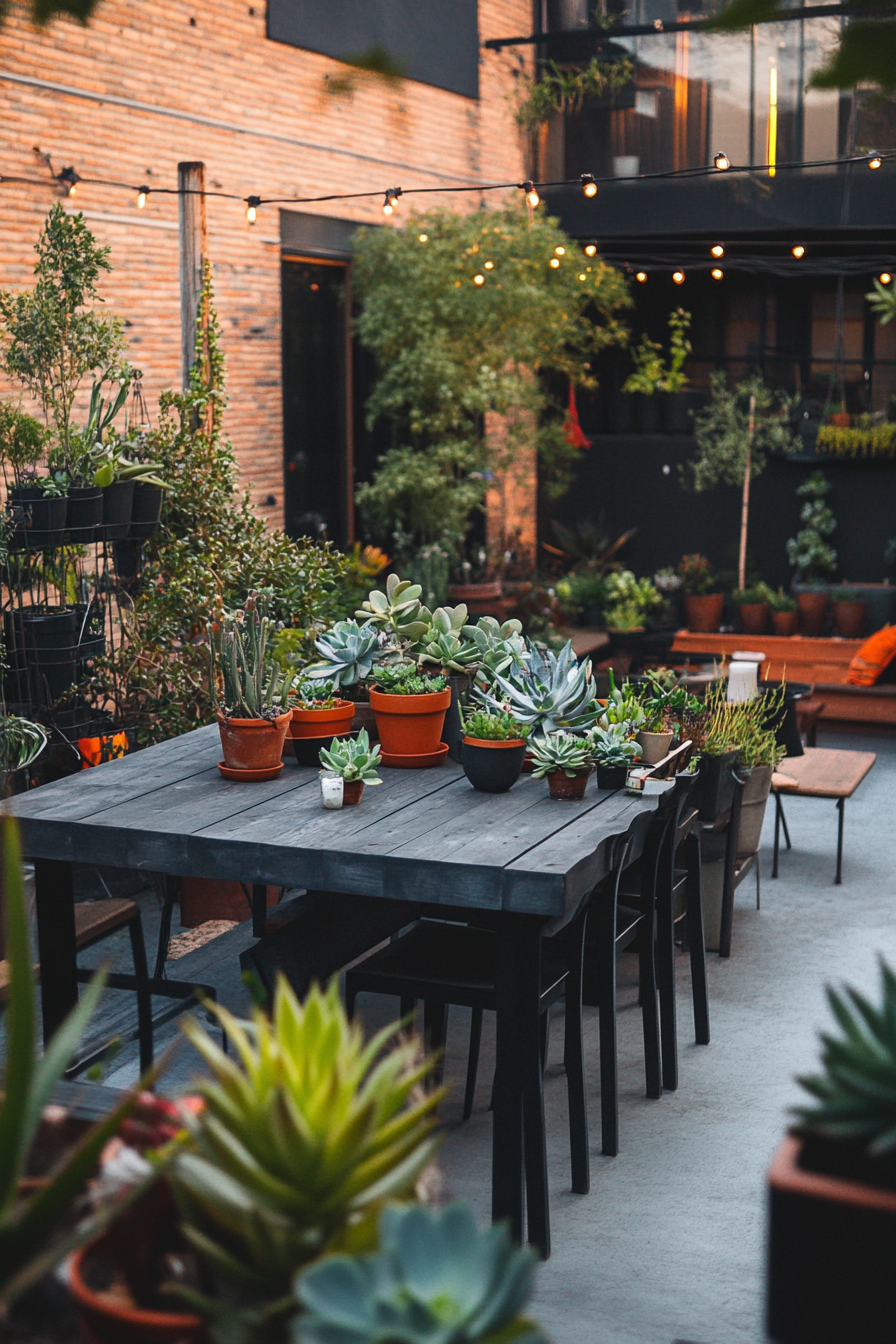 Tiny house roof terrace layout. Monochrome patio set among succulents.