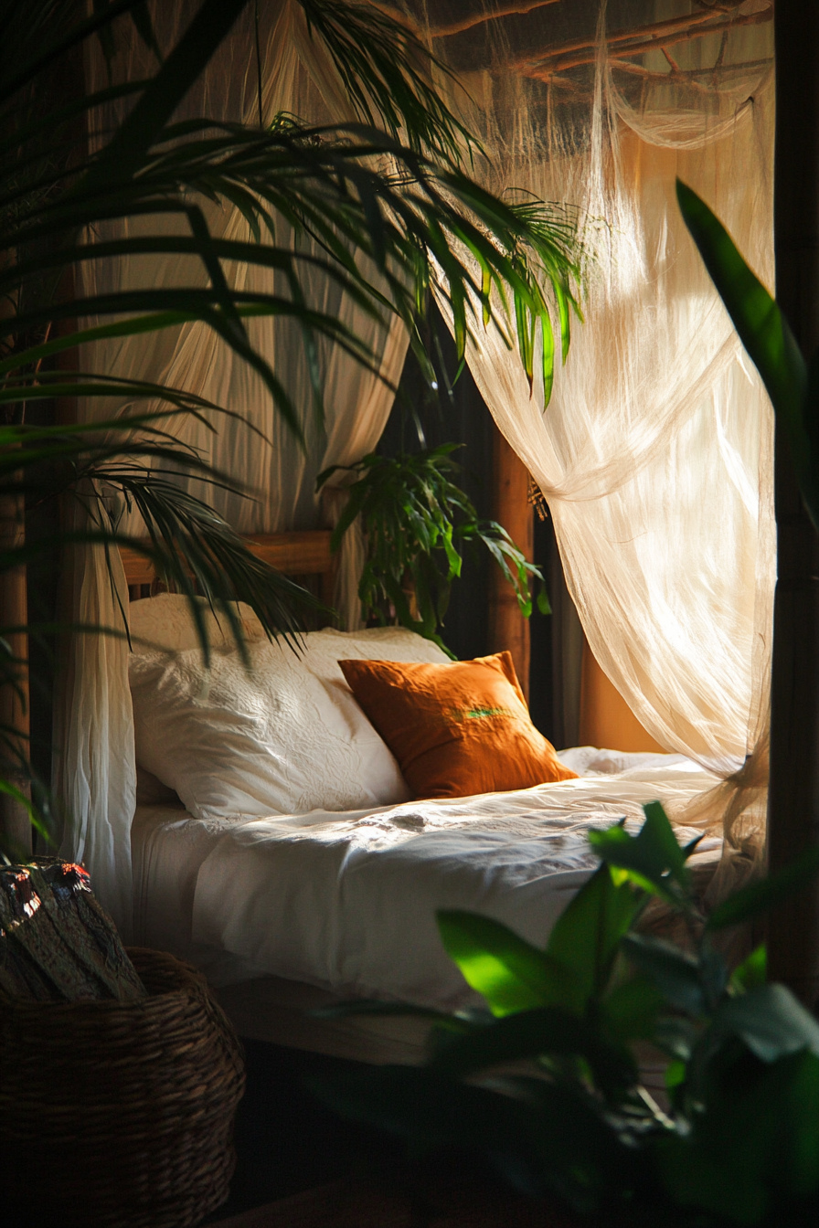 Sleeping nook. Mosquito net over four poster bed, tropical spider plant nearby.