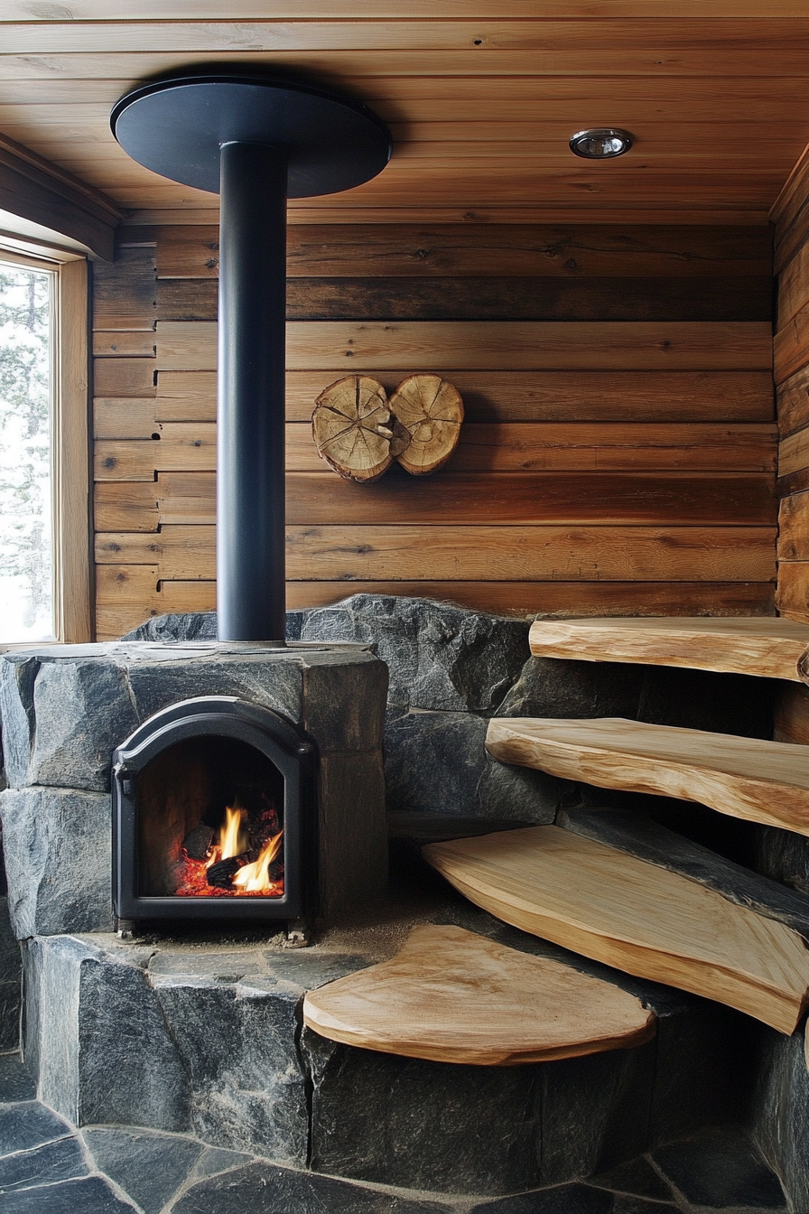 Sauna room design. Rustic wood-burning stove, cedar tiered benches.