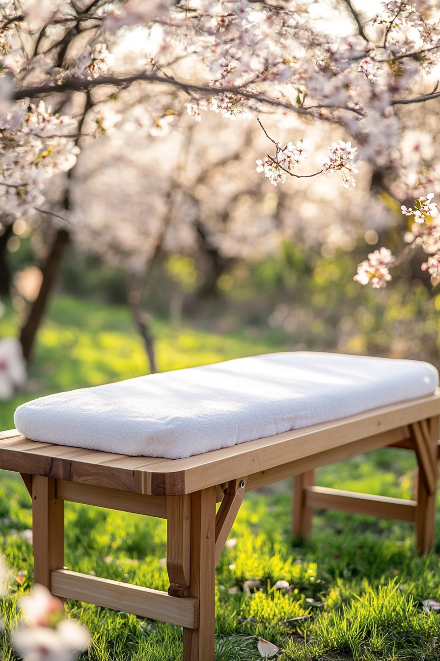 Outdoor massage table. Wooden material amidst a cherry blossom garden.