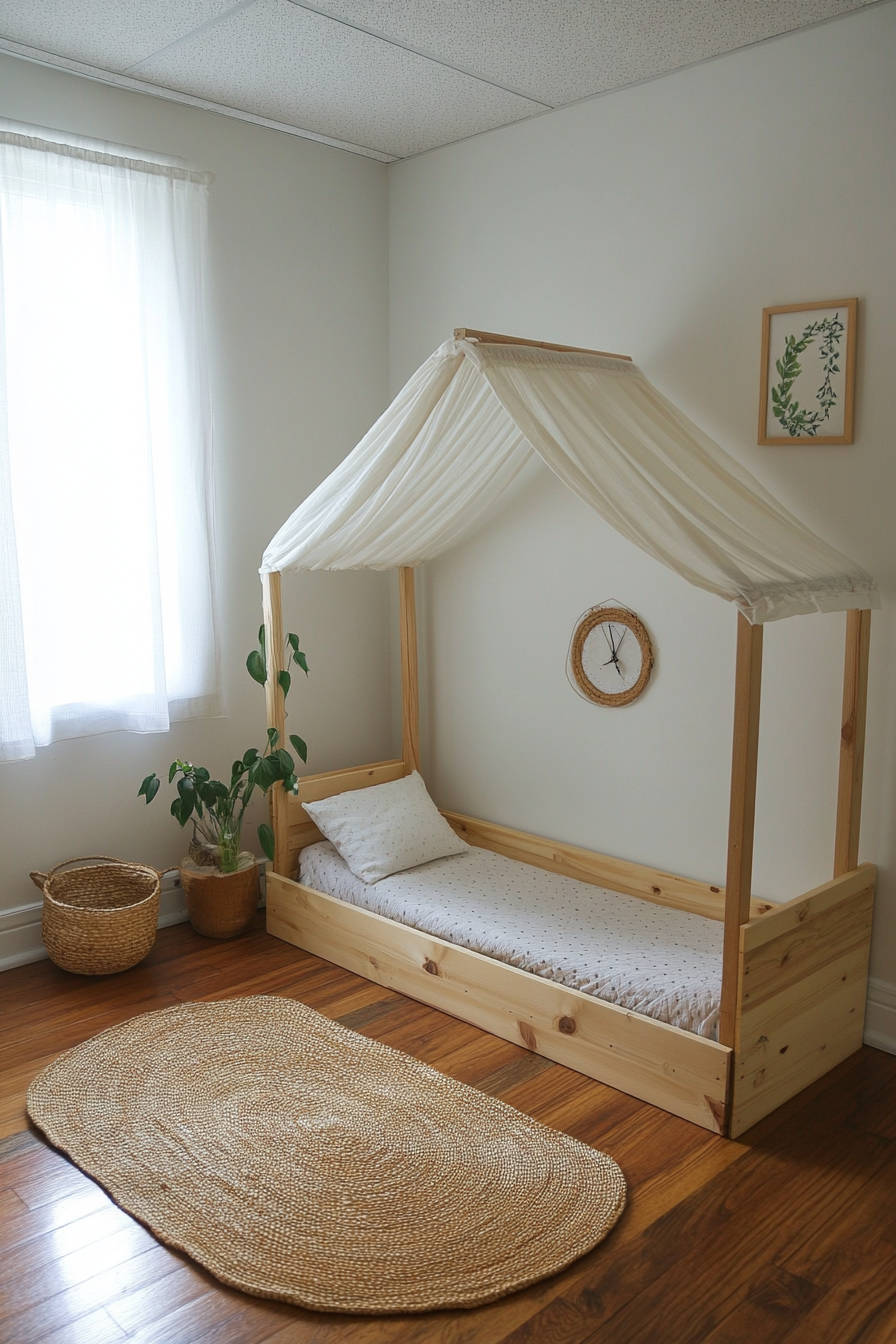 Tiny Montessori room. Wooden toddler bed with canopy.