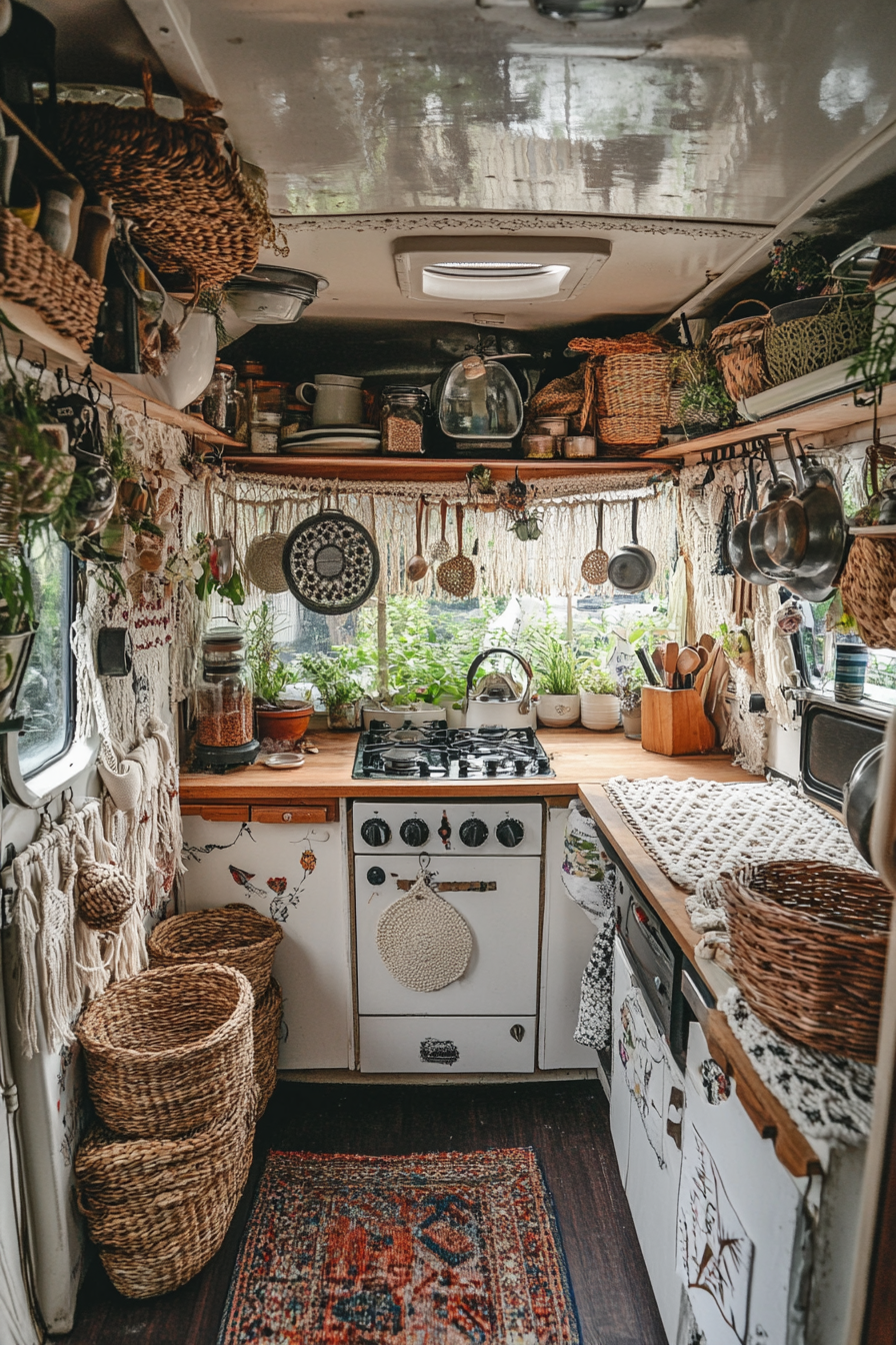 Bohemian camper kitchen. Macramé potholder panels and rattan storage baskets.