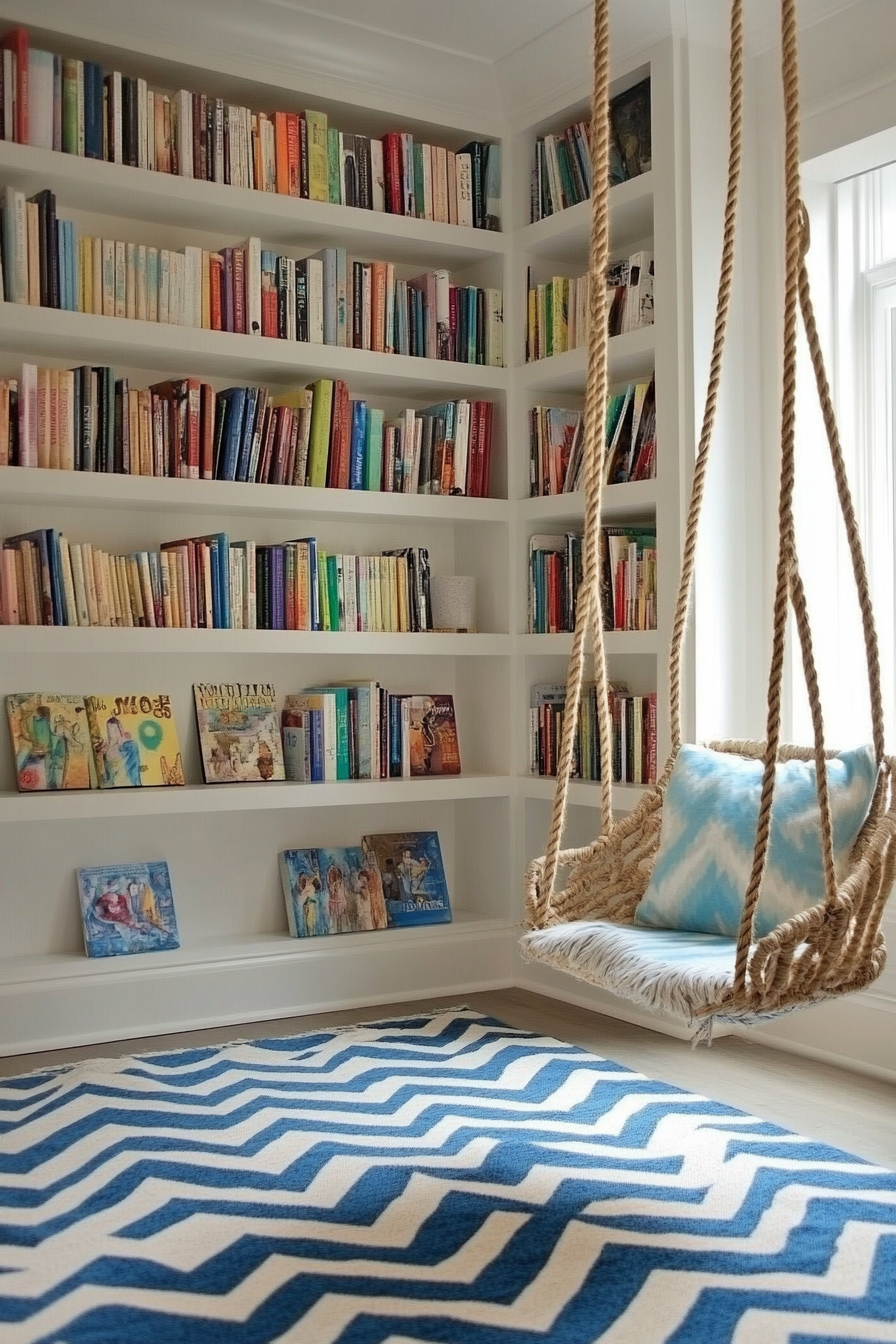 Reading sanctuary. White shelves, blue chevron rug, rope swing chair.