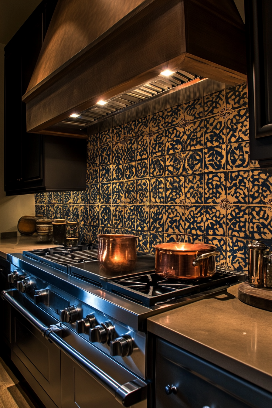 Tiny cooking space. Moroccan tiles backsplash with copper pots and pans.