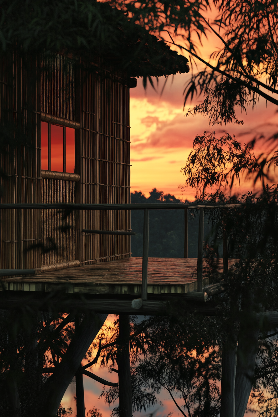 Elevated platform Zen camp. Red sunset behind bamboo shoji screen sliders.