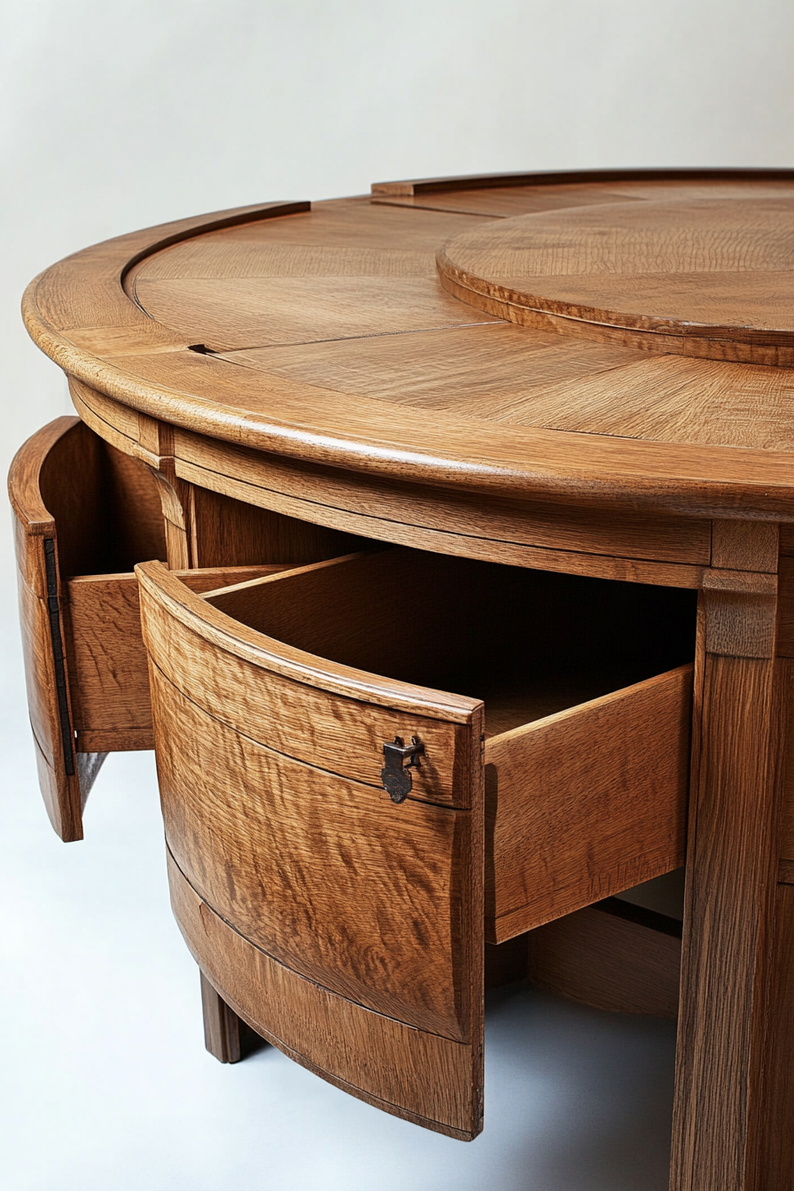 Hidden compartment dining table. Round oak table with fold-out sections.