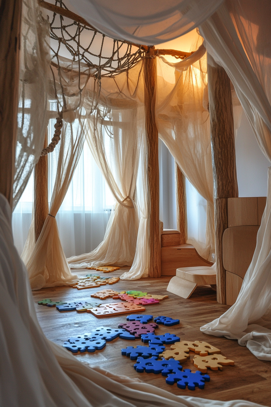 Dreamy play area. Silk canopy with climbing ropes and wooden puzzles.