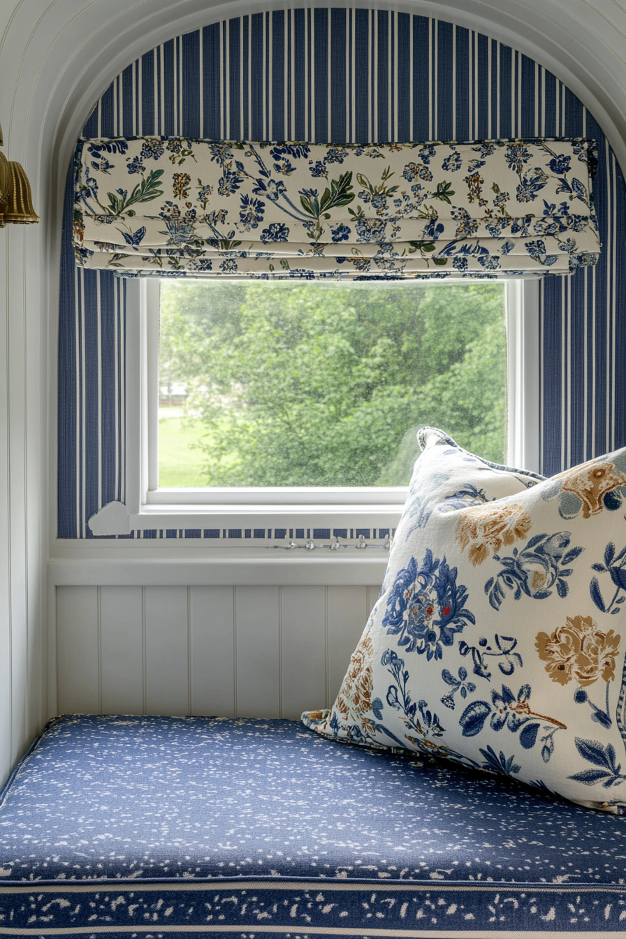 Camper design. Chintz fabric upholstery with blue and white coastal stripe wallpaper.