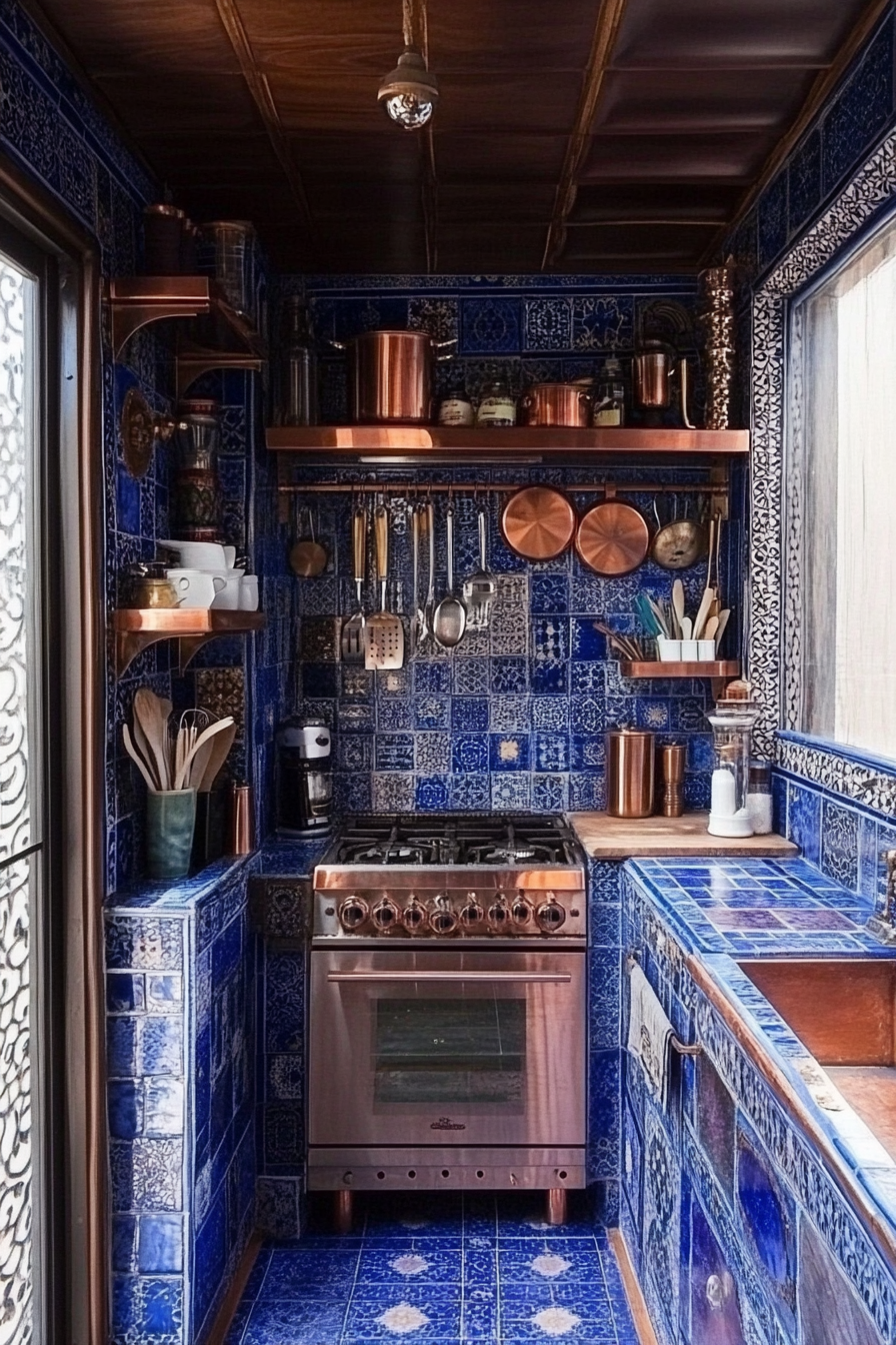 Tiny cooking space idea. Cobalt Moroccan tiles with copper cutlery rack.