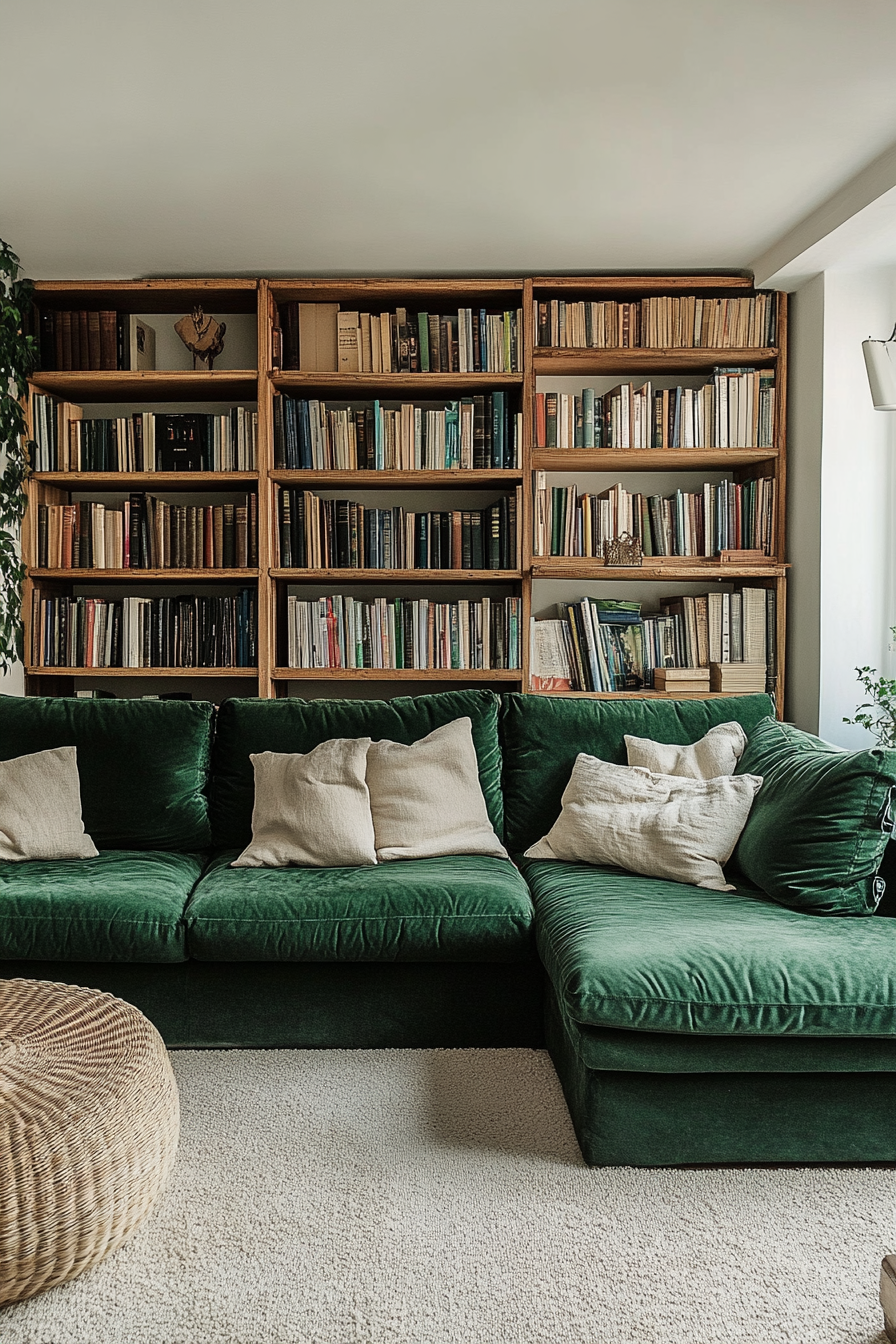 Upper level design. Deep green velvet corner sofa with adjacent rattan bookshelf.