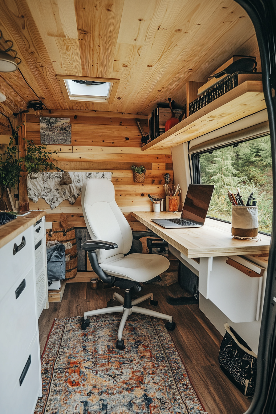 Remote work camper interior. Plywood desk with white ergonomic chair.